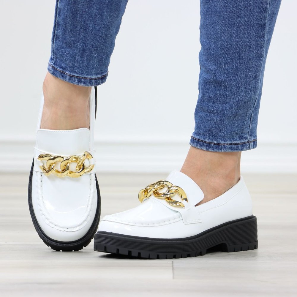 White Patent Chunky Lug Sole Slip On Penny Loafers Platform With Gold Chain - Picture 2 of 16